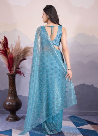 Teal Net Classic Saree with Embroidered and Sequins Work
