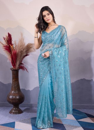 Teal Net Classic Saree with Embroidered and Sequins Work