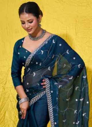 Teal Net Classic Saree with Embroidered Work