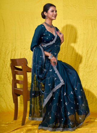 Teal Net Classic Saree with Embroidered Work