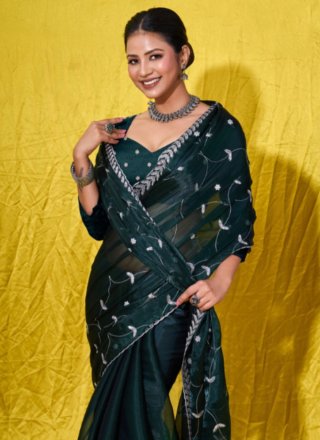 Teal Net Trendy Saree with Embroidered Work