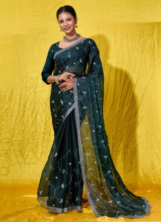 Teal Net Trendy Saree with Embroidered Work