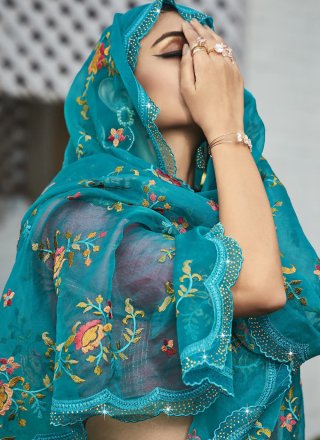 Teal Organza Classic Sari with Embroidered and Stone Work for Women