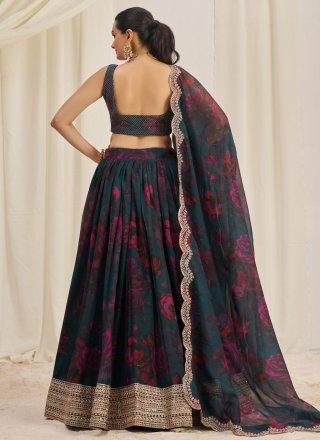 Teal Organza Dori, Print, Sequins and Zari Work Lehenga Choli