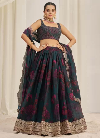 Teal Organza Dori, Print, Sequins and Zari Work Lehenga Choli