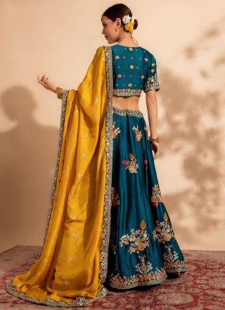 Teal Organza Lehenga Choli with Embroidered and Sequins Work for Reception