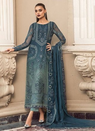 Teal Organza Pakistani Salwar Suit with Embroidered Work