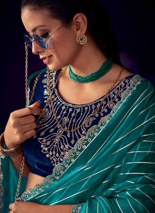 Teal Organza Patch Border Work Trendy Saree for Ceremonial