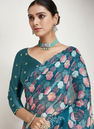 Teal Organza Trendy Saree with Embroidered Work for Women