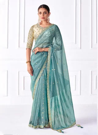Teal Organza Trendy Saree with Patch Border, Embroidered and Woven Work for Engagement
