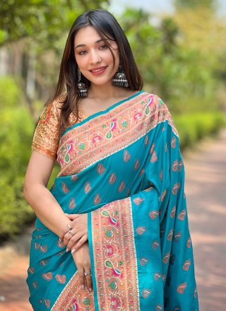 Teal Paithni Contemporary Saree with Woven Work