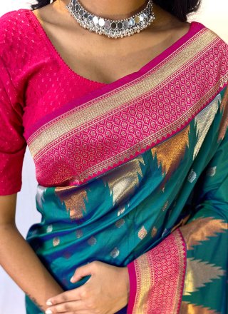 Teal Print Work Silk Traditional Saree