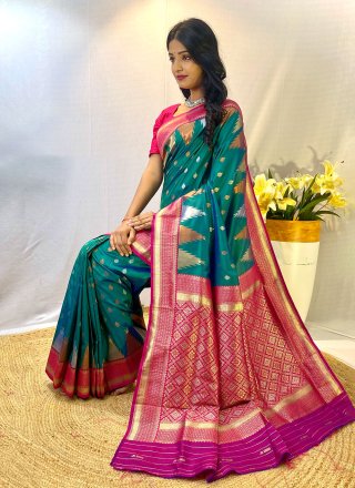 Teal Print Work Silk Traditional Saree