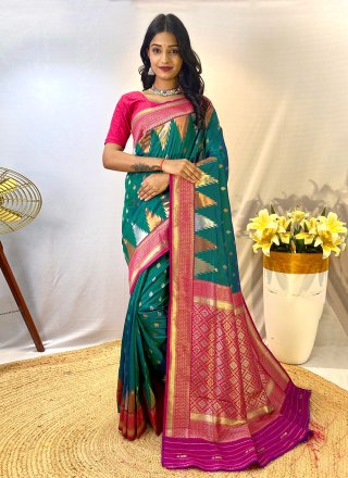 Teal Print Work Silk Traditional Saree