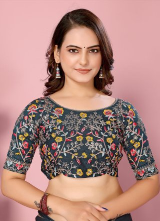 Teal Rangoli Embroidered and Sequins Work Contemporary Saree