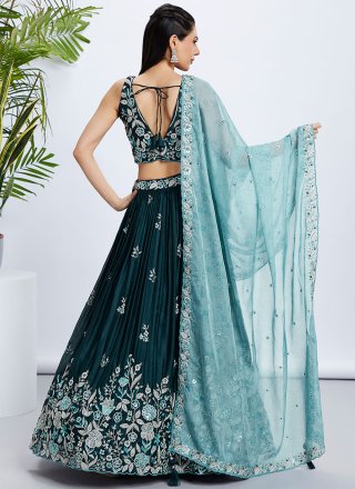 Teal Raw Silk Lehenga Choli with Cord, Embroidered, Sequins and Thread Work for Women
