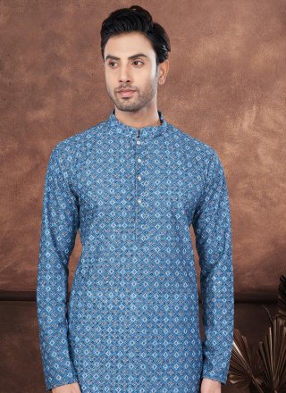 Teal Rayon Digital Print and Embroidered Work Kurta Pyjama for Ceremonial