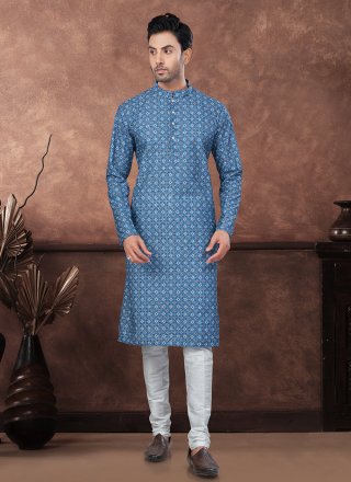 Teal Rayon Digital Print and Embroidered Work Kurta Pyjama for Ceremonial