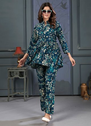 Teal Rayon Digital Print Work Casual Kurti for Ceremonial