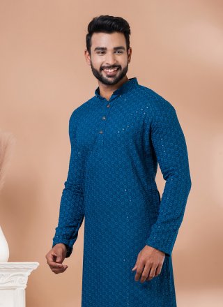 Teal Rayon Embroidered and Sequins Work Kurta Mens Wear