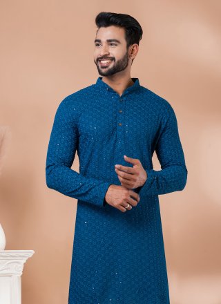 Teal Rayon Embroidered and Sequins Work Kurta Mens Wear