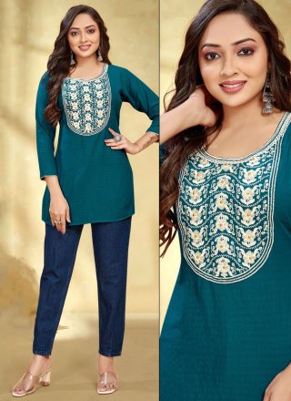 Teal Rayon Embroidered Work Party Wear Kurti for Women