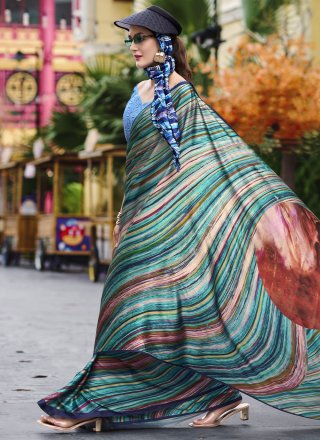 Teal Satin Abstract Print Work Traditional Saree