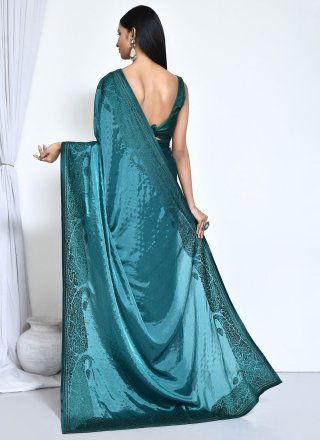 Teal Satin Silk Trendy Saree with Embroidered and Stone Work