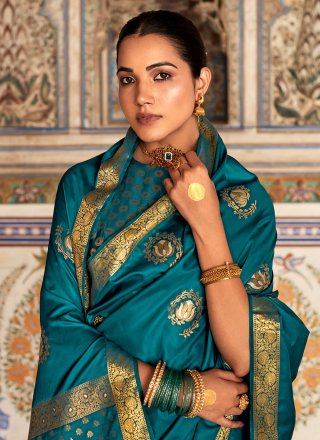 Teal Satin Silk Woven Work Classic Sari for Women