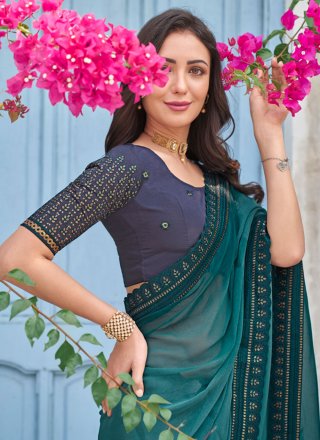 Teal Shimmer Embroidered Work Classic Saree for Ceremonial