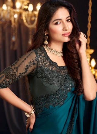 Teal Shimmer Georgette Classic Saree with Embroidered Work