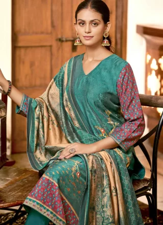 Teal Silk Digital Print Work Readymade Salwar Suit for Ceremonial