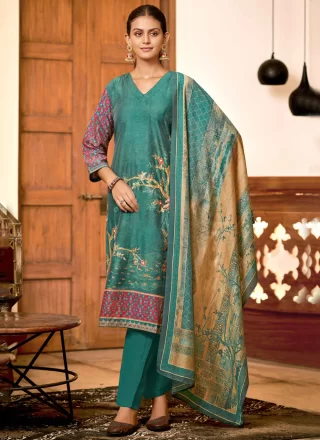 Teal Silk Digital Print Work Readymade Salwar Suit for Ceremonial