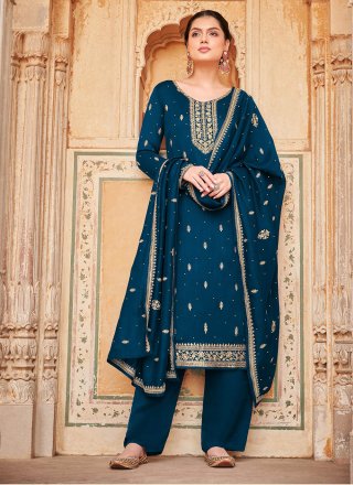 Teal Silk Embroidered, Thread and Zari Work Salwar Suit