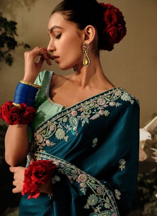 Teal Silk Embroidered Work Contemporary Saree