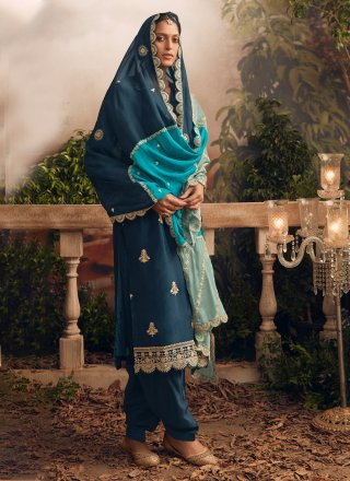 Teal Silk Embroidered Work Salwar Suit for Women