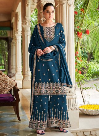 Teal Silk Embroidered Work Trendy Suit for Festival