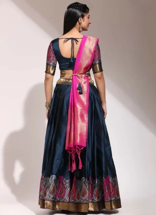 Teal Silk Print Work Lehenga Choli