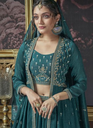 Teal Silk Readymade Lehenga Choli with Embroidered and Sequins Work for Ceremonial