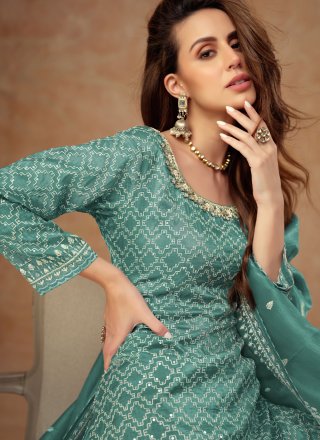 Teal Silk Readymade Salwar Suit with Embroidered Work