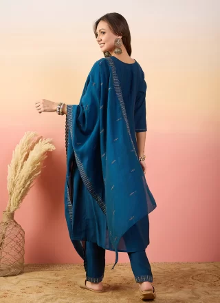Teal Silk Salwar Suit with Embroidered, Thread and Woven Work