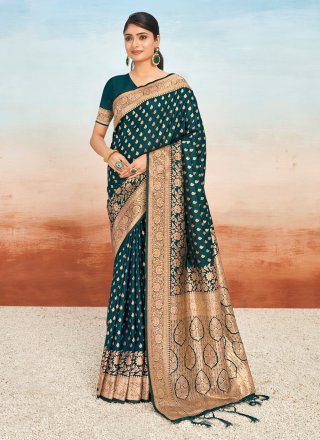 Teal Silk Traditional Saree with Weaving Work for Ceremonial