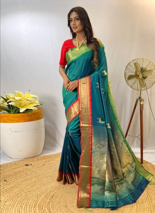 Teal Silk Woven Work Contemporary Sari for Women