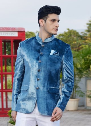 Teal Velvet Jodhpuri Jacket In Plain for Ceremonial