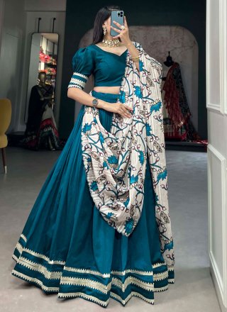 Teal Vichitra Silk A - Line Lehenga Choli with Lace and Plain Work for Women