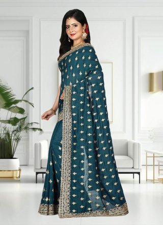 Teal Vichitra Silk Contemporary Sari with Zari Work