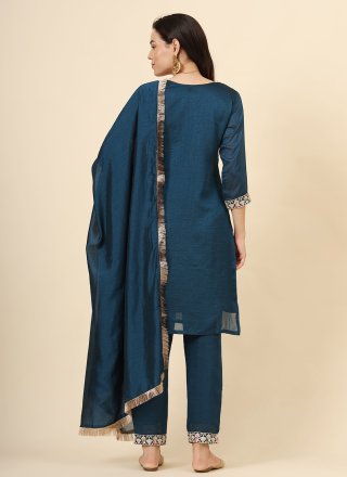 Teal Vichitra Silk Embroidered Work Salwar Suit for Casual