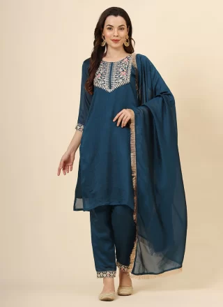 Teal Vichitra Silk Embroidered Work Salwar Suit for Casual