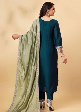 Teal Vichitra Silk Trendy Suit