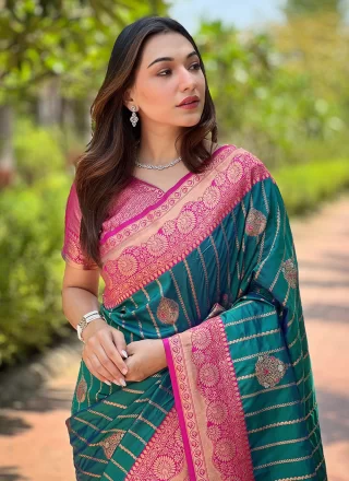 Teal Weaving Work Silk Traditional Saree